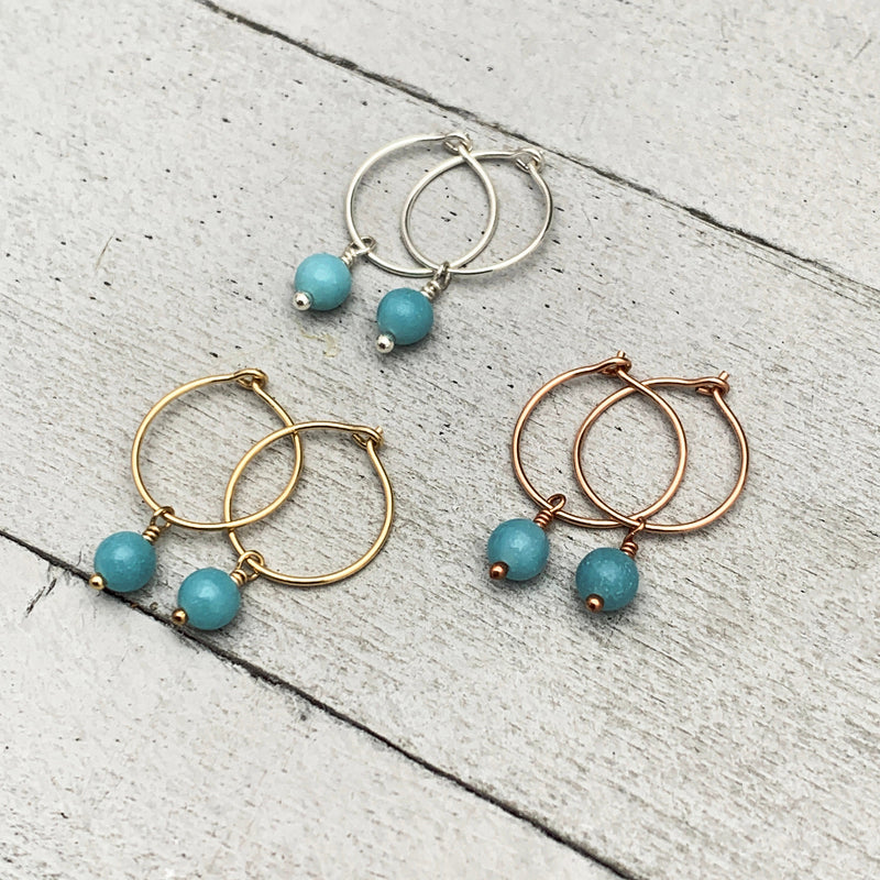 Blue Ammonite Charm Hoop Earrings. Available in Solid 925 Sterling Silver, 14k Yellow or Rose Gold Fill