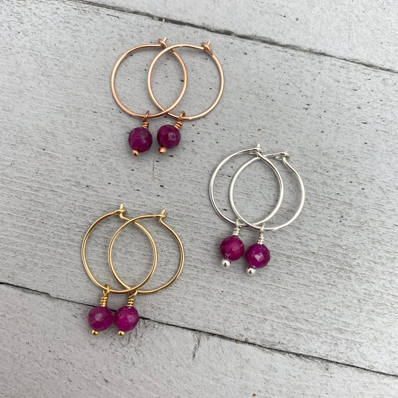 Ruby Charm Hoop Earrings. Available in Solid 925 Sterling Silver, 14k Yellow or Rose Gold Fill