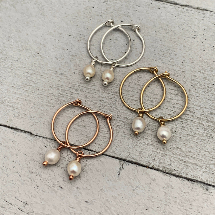 White Freshwater Pearl Charm Hoop Earrings. Available in Solid 925 Sterling Silver, 14k Yellow or Rose Gold Fill