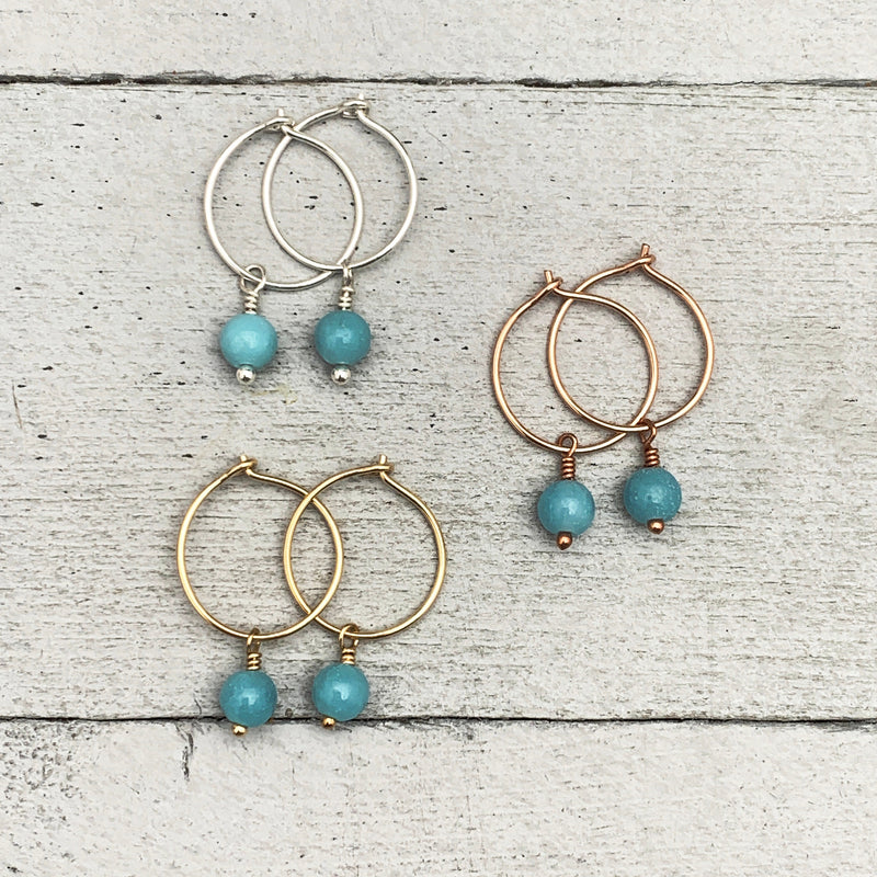 Blue Ammonite Charm Hoop Earrings. Available in Solid 925 Sterling Silver, 14k Yellow or Rose Gold Fill