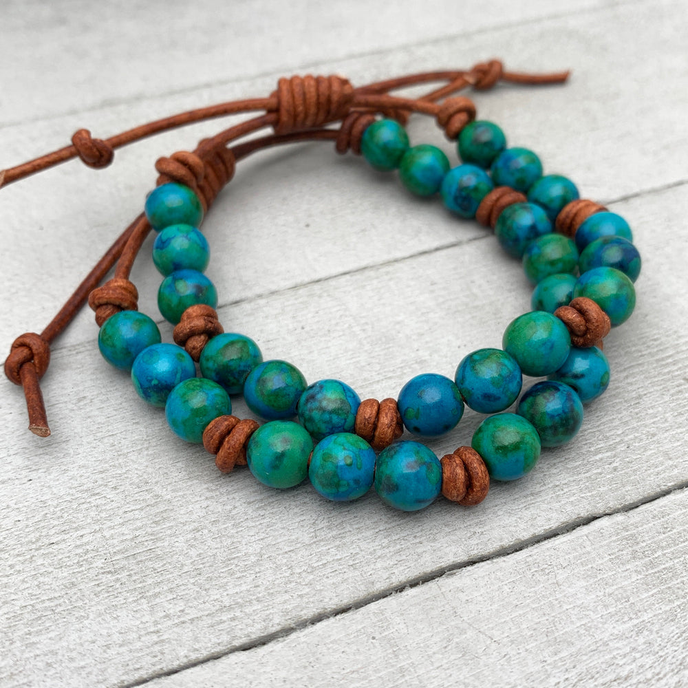 Azurite Gemstone and Rustic Brown Leather Bracelet