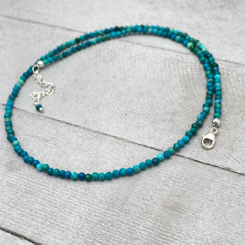 Faceted Chrysocolla and Sterling Silver Beaded Necklace. Tiny 2mm beads