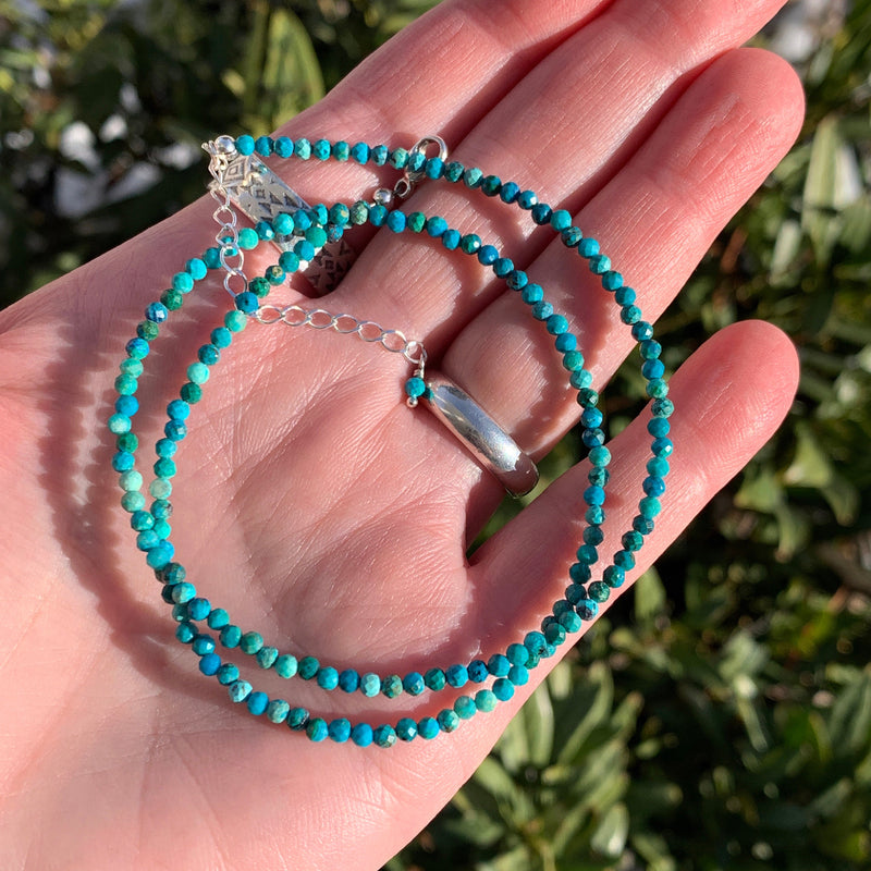 Faceted Chrysocolla and Sterling Silver Beaded Necklace. Tiny 2mm beads