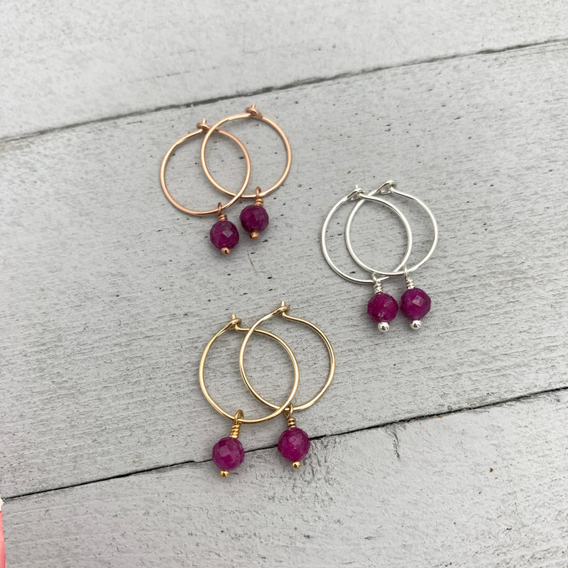 Ruby Charm Hoop Earrings. Available in Solid 925 Sterling Silver, 14k Yellow or Rose Gold Fill