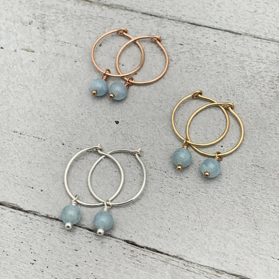 Blue Aquamarine Charm Hoop Earrings. Available in Solid 925 Sterling Silver, 14k Yellow or Rose Gold Fill