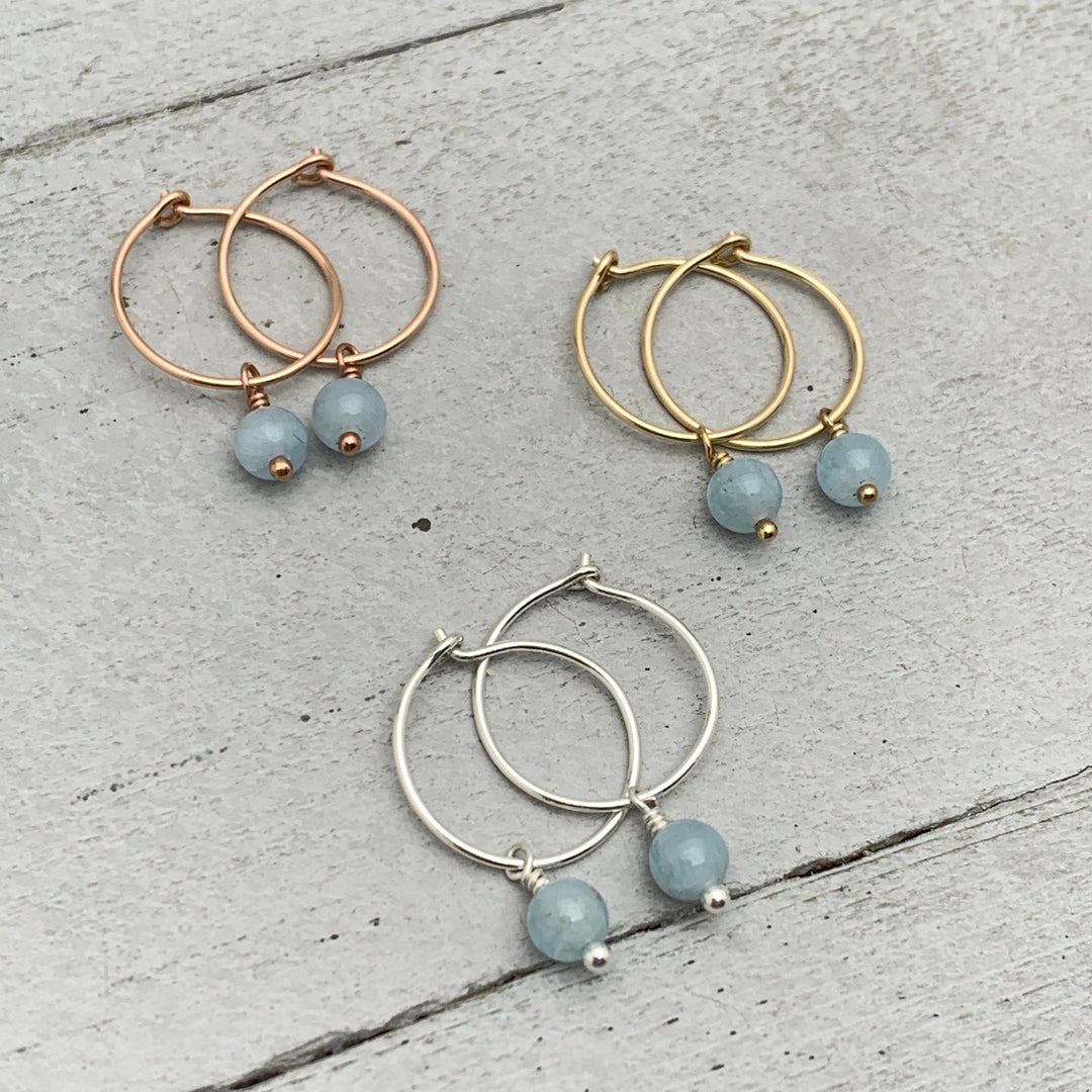 Blue Aquamarine Charm Hoop Earrings. Available in Solid 925 Sterling Silver, 14k Yellow or Rose Gold Fill
