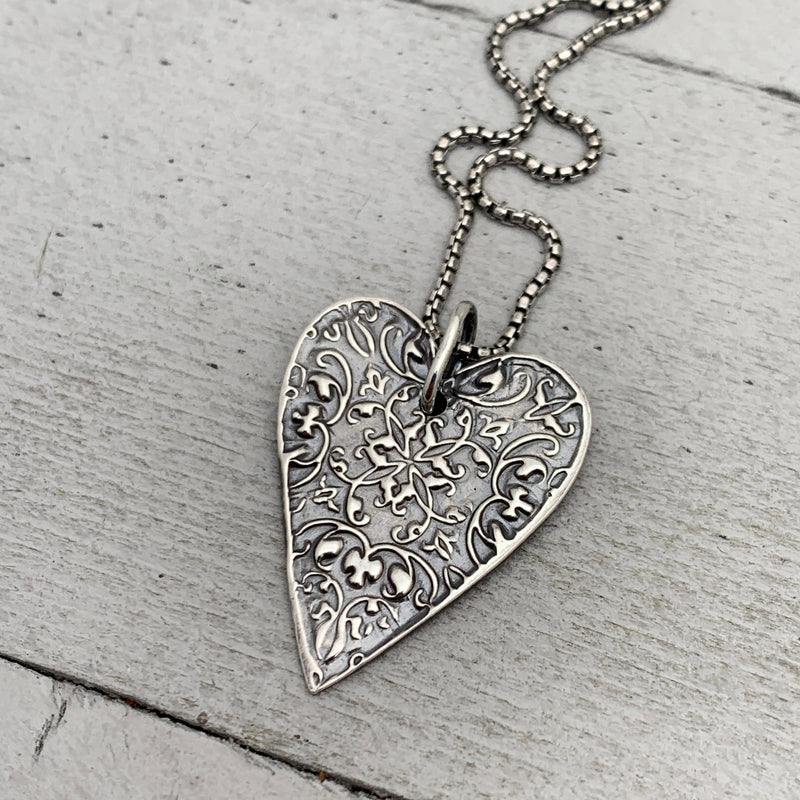 Stamped Silver Heart Pendant Necklace. Solid 925 Sterling Silver Pendant