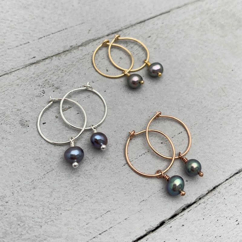 Peacock Freshwater Pearl Charm Hoop Earrings. Available in Solid 925 Sterling Silver, 14k Yellow or Rose Gold Fill