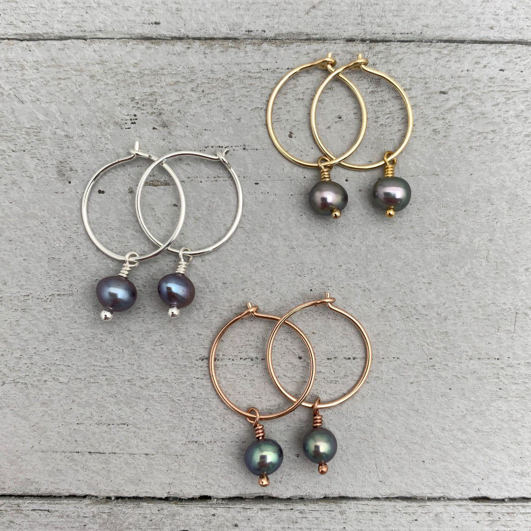Peacock Freshwater Pearl Charm Hoop Earrings. Available in Solid 925 Sterling Silver, 14k Yellow or Rose Gold Fill
