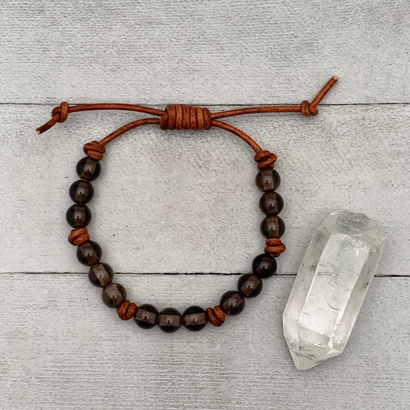 Smoky Quartz Gemstone and Rustic Brown Leather Bracelet