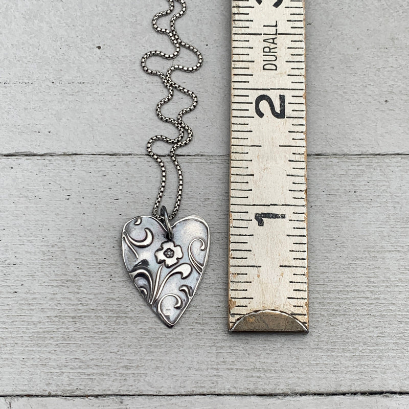 Silver Heart Necklace with Floral Design. Solid 925 Sterling Silver Pendant