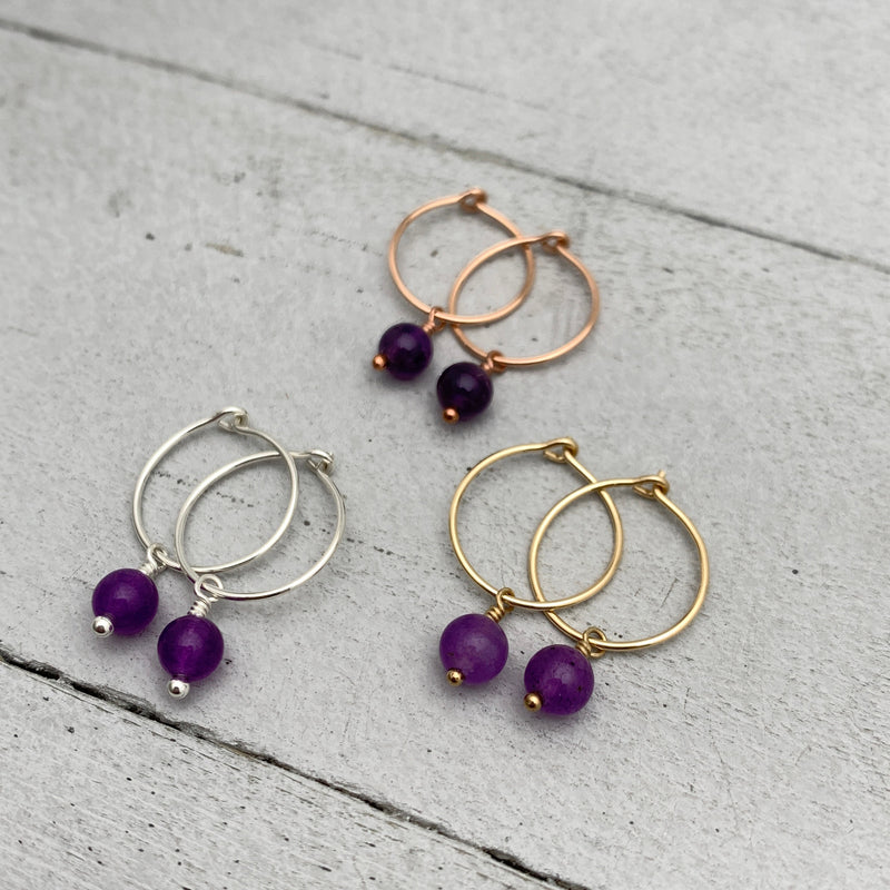 Amethyst Charm Hoop Earrings. Available in Solid 925 Sterling Silver, 14k Yellow or Rose Gold Fill
