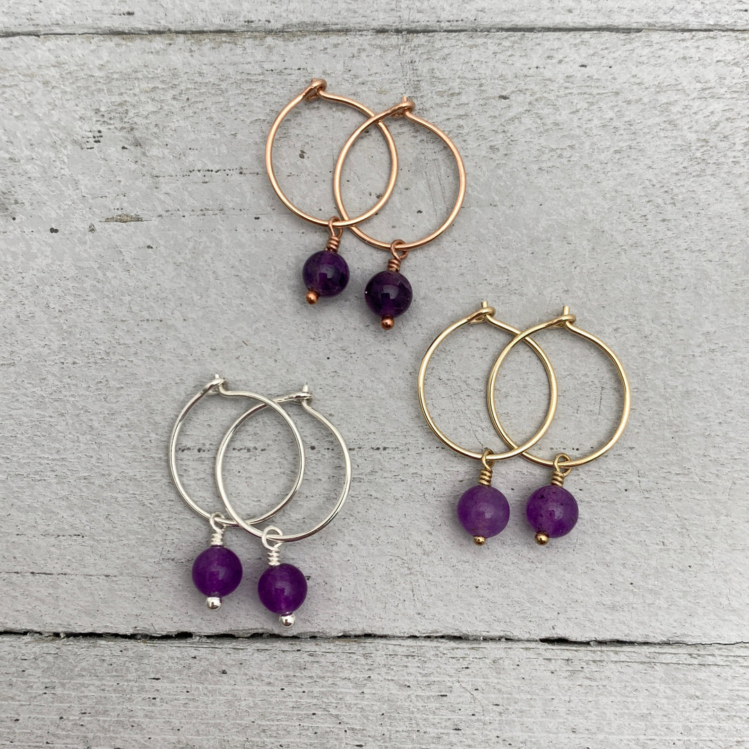 Amethyst Charm Hoop Earrings. Available in Solid 925 Sterling Silver, 14k Yellow or Rose Gold Fill