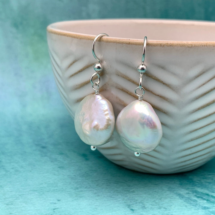 Gorgeous Keshi Coin Pearl and solid 925 Sterling Silver Earrings. Large, Thick, Lustrous Nacre and Orient
