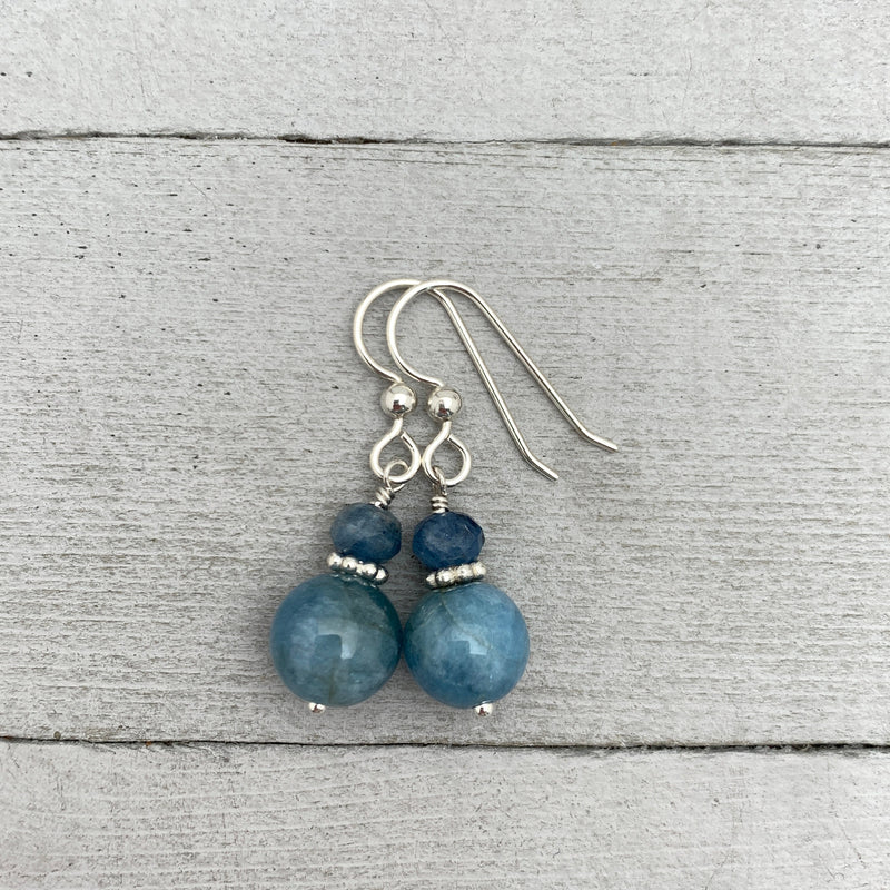 Dark Blue Aquamarine and Sterling Silver Earrings