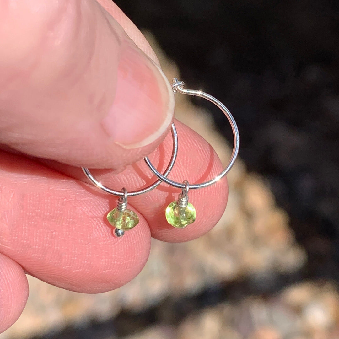 Green Peridot Charm Hoop Earrings. Available in Solid 925 Sterling Silver, 14k Yellow or Rose Gold Fill