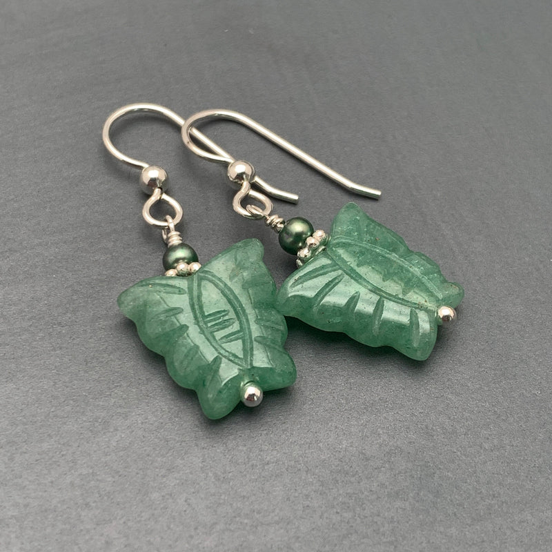 Aventurine Butterfly and Solid 925 Sterling Silver Earrings. Carved Gemstone