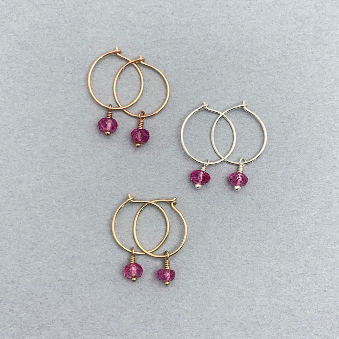Pink Topaz Charm Hoop Earrings. Available in Solid 925 Sterling Silver, 14k Yellow or Rose Gold Fill