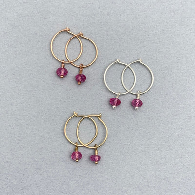 Pink Topaz Charm Hoop Earrings. Available in Solid 925 Sterling Silver, 14k Yellow or Rose Gold Fill