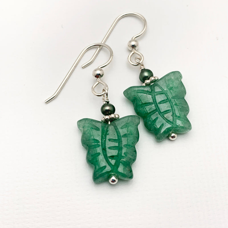 Aventurine Butterfly and Solid 925 Sterling Silver Earrings. Carved Gemstone