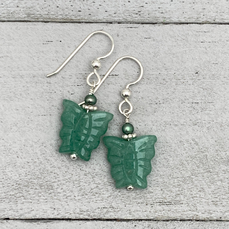 Aventurine Butterfly and Solid 925 Sterling Silver Earrings. Carved Gemstone