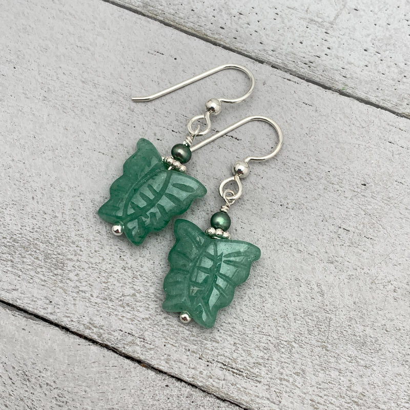 Aventurine Butterfly and Solid 925 Sterling Silver Earrings. Carved Gemstone