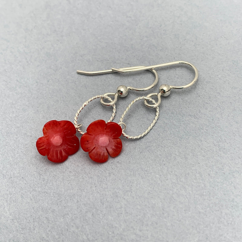 Red Coral Carved Flower and Sterling Silver Earrings