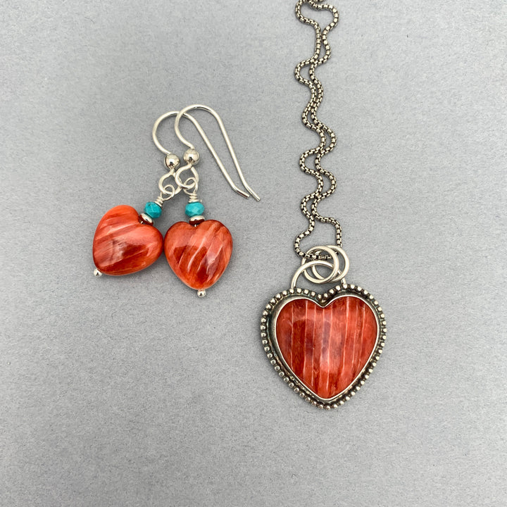 Red Spiny Oyster Shell Heart, Turquoise and Sterling Silver Earrings