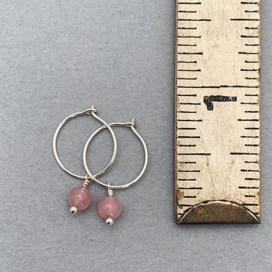 Rose Quartz Charm Hoop Earrings. Available in Solid 925 Sterling Silver, 14k Yellow or Rose Gold Fill
