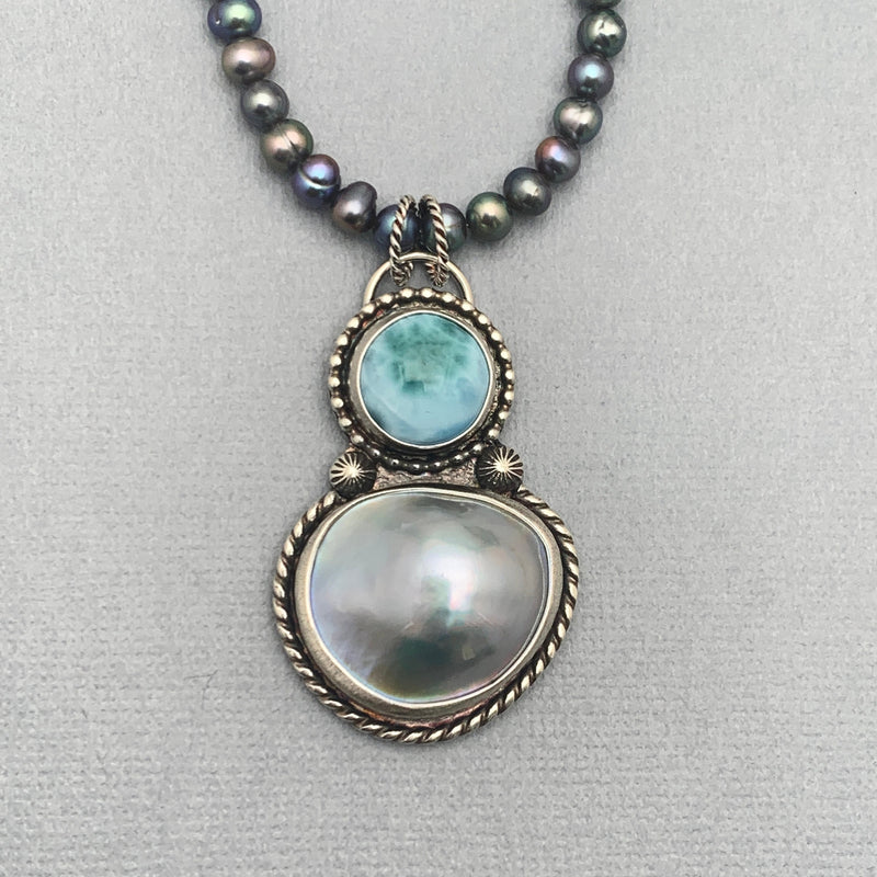 Freshwater Peacock Pearl and Sterling Silver Necklace. Adjustable