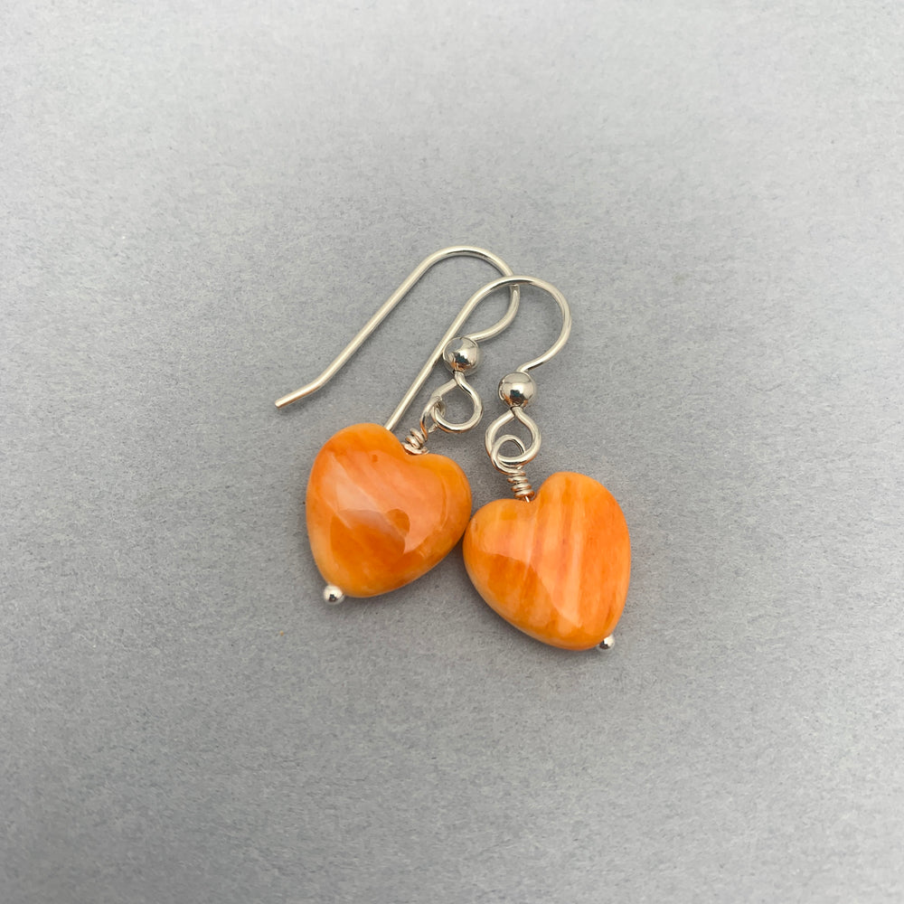 Orange Spiny Oyster Shell Heart and Sterling Silver Earrings