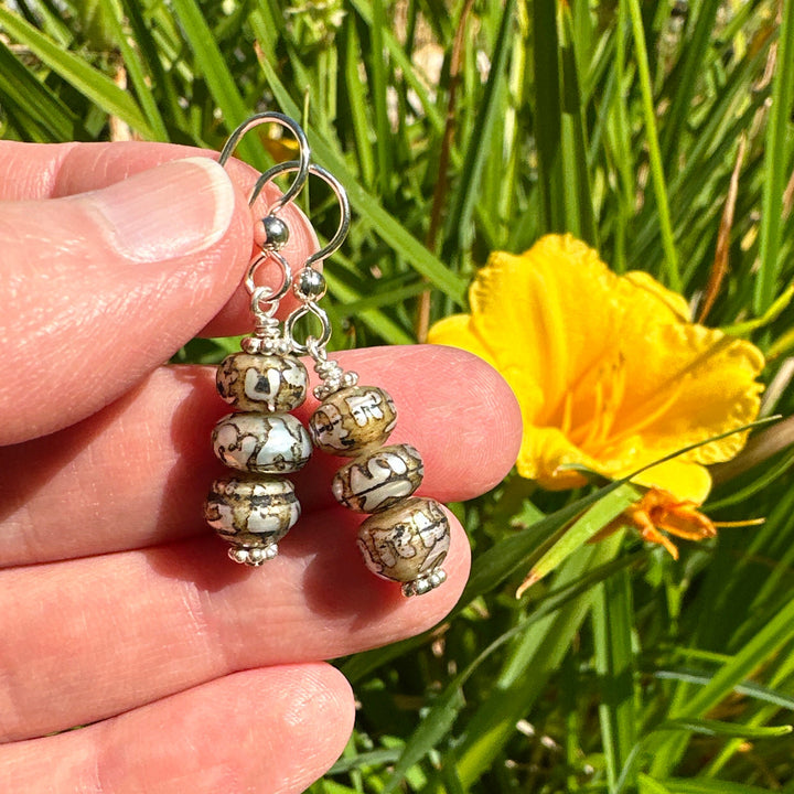 Ohm Pearl and Sterling Silver Earrings. Etched Freshwater Pearls