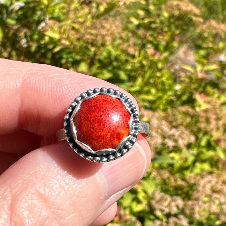 Red Sponge Coral and Sterling Silver Ring. Size 6.75 US/Canada