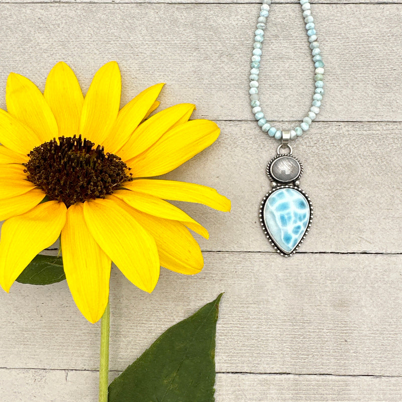AAA Larimar, Gray Star Sapphire, and Sterling Silver Pendant Necklace. September Birthstone
