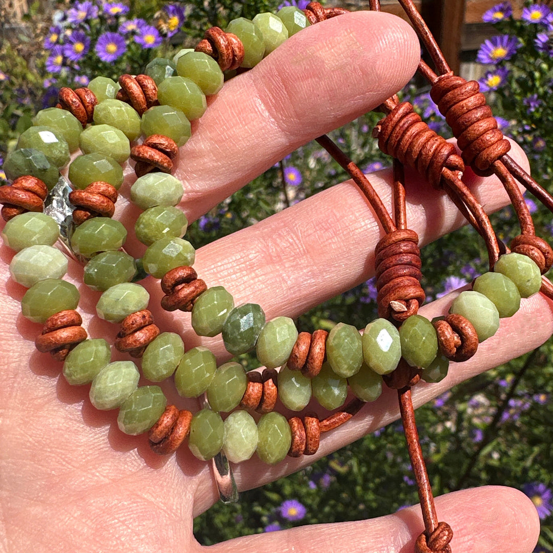 Natural Faceted Green Jade and Rustic Brown Leather Layering Bracelet