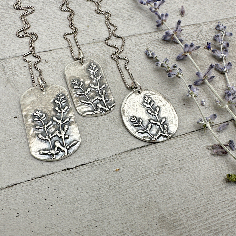 Lavender Pendant of Solid 925 Sterling Silver. Beautiful Stamped Lavender Pattern. Your choice A, B, or C