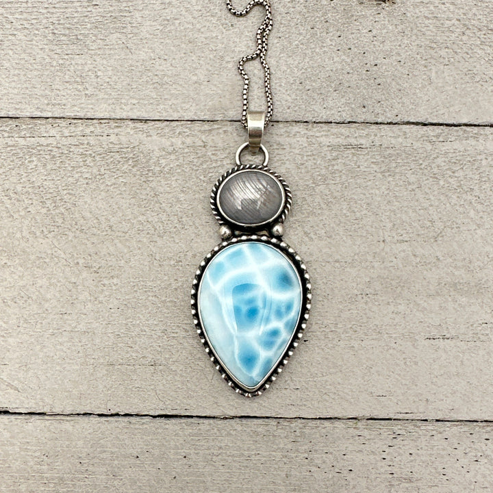 AAA Larimar, Gray Star Sapphire, and Sterling Silver Pendant Necklace. September Birthstone