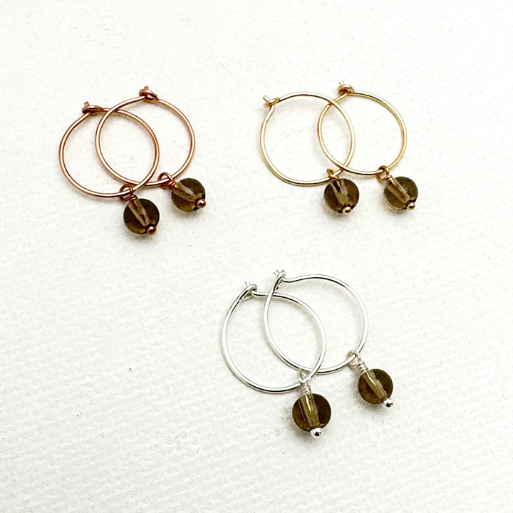 Smoky Quartz Charm Hoop Earrings. Available in Solid 925 Sterling Silver, 14k Yellow or Rose Gold Fill