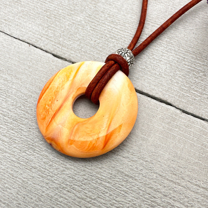 Beautiful Orange-Cream Spiny Oyster Shell, Thai Hill Tribe Silver and Leather Necklace