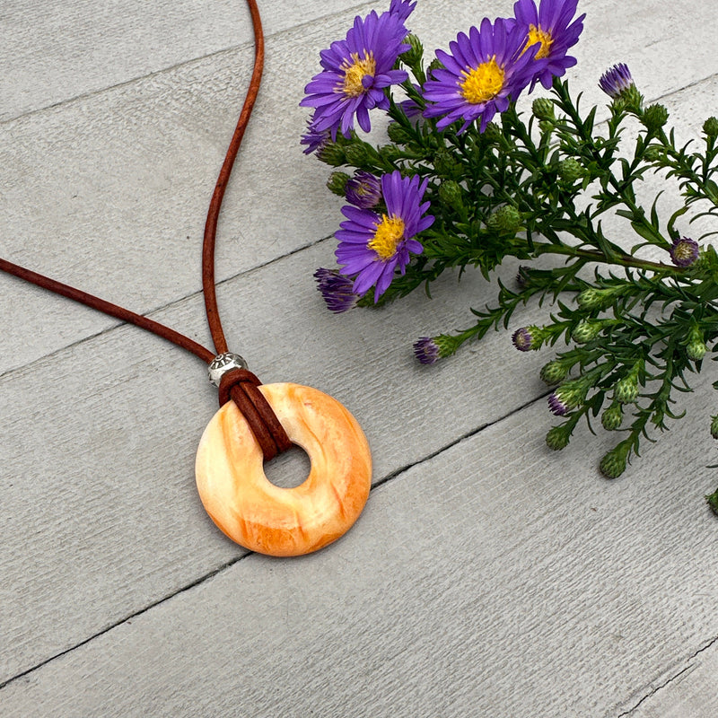 Beautiful Orange-Cream Spiny Oyster Shell, Thai Hill Tribe Silver and Leather Necklace