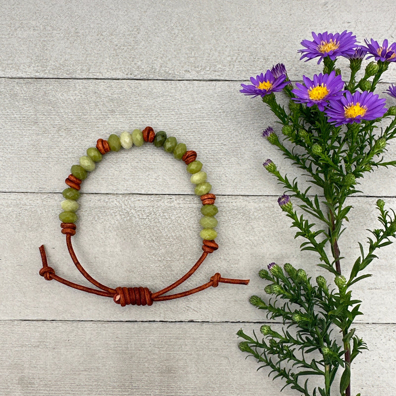 Natural Faceted Green Jade and Rustic Brown Leather Layering Bracelet