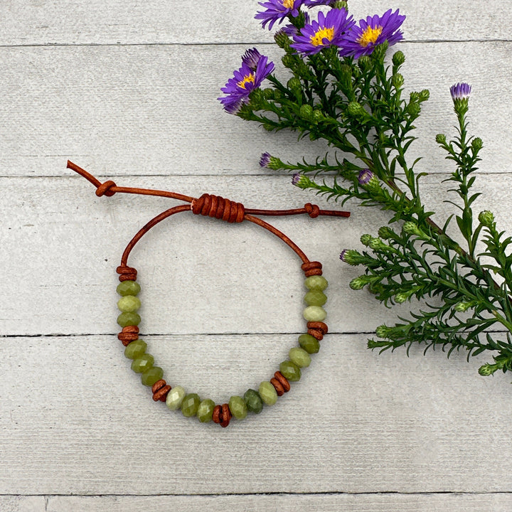 Natural Faceted Green Jade and Rustic Brown Leather Layering Bracelet