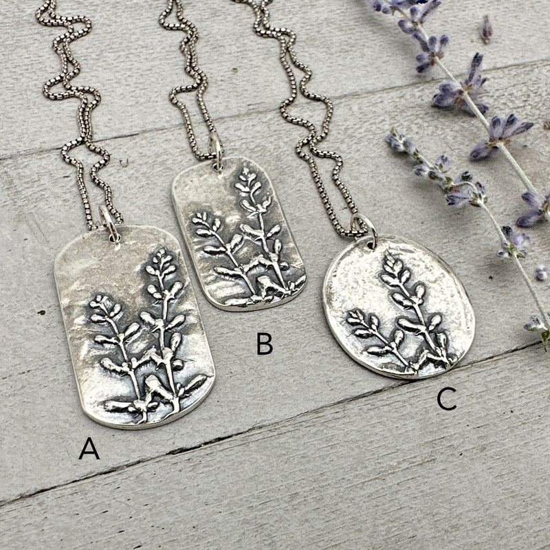 Lavender Pendant of Solid 925 Sterling Silver. Beautiful Stamped Lavender Pattern. Your choice A, B, or C
