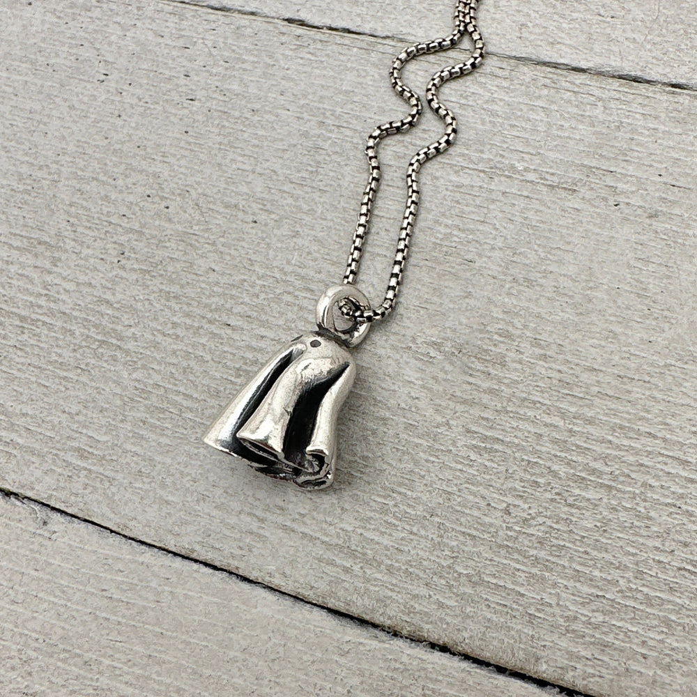 Tiny Silver Ghost Pendant. "Treat". Solid 925 Sterling Silver Halloween Necklace