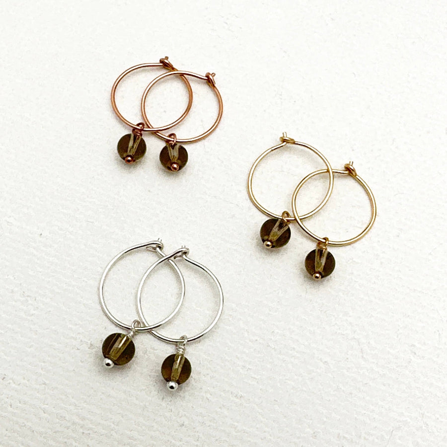 Smoky Quartz Charm Hoop Earrings. Available in Solid 925 Sterling Silver, 14k Yellow or Rose Gold Fill
