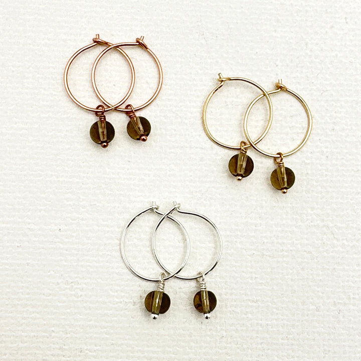 Smoky Quartz Charm Hoop Earrings. Available in Solid 925 Sterling Silver, 14k Yellow or Rose Gold Fill