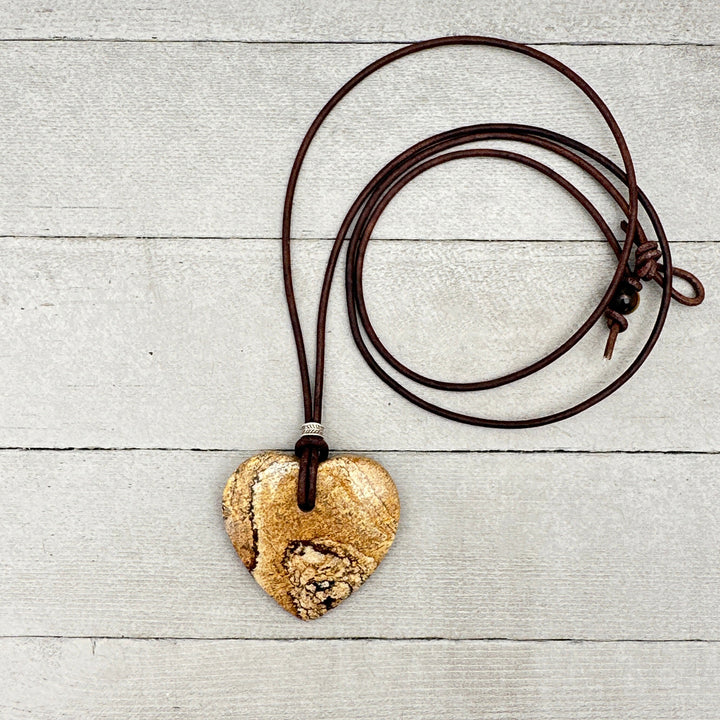 Picture Jasper Heart and Rustic Brown Leather Necklace