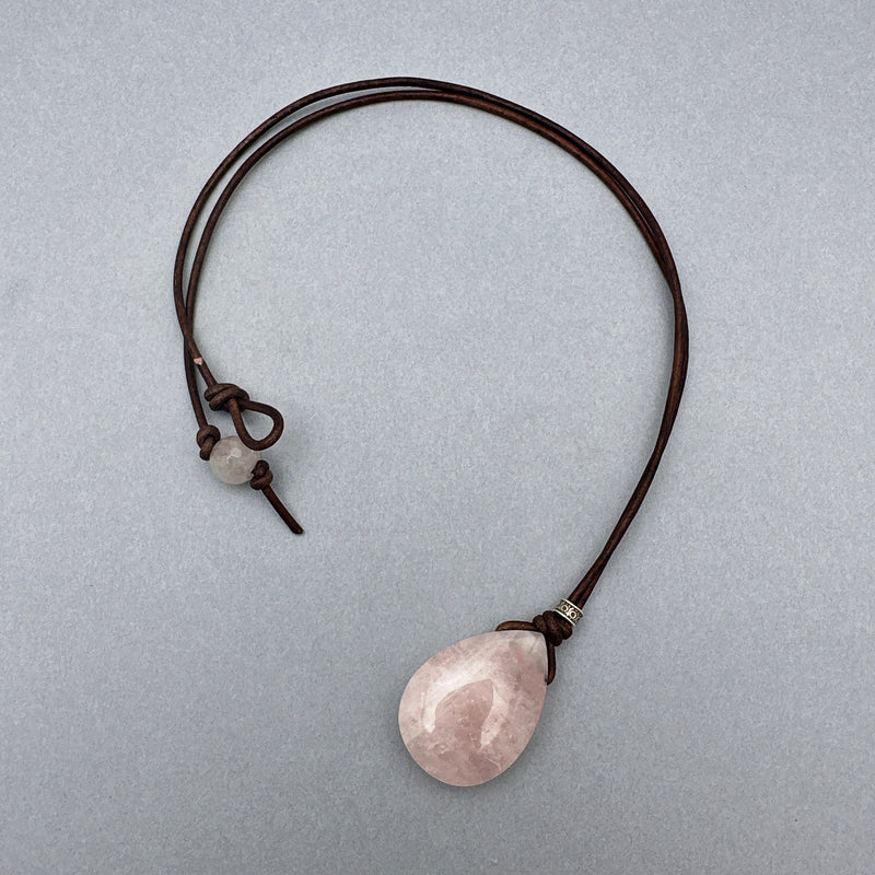Rose Quartz Pendant Leather Necklace. Healing Crystal