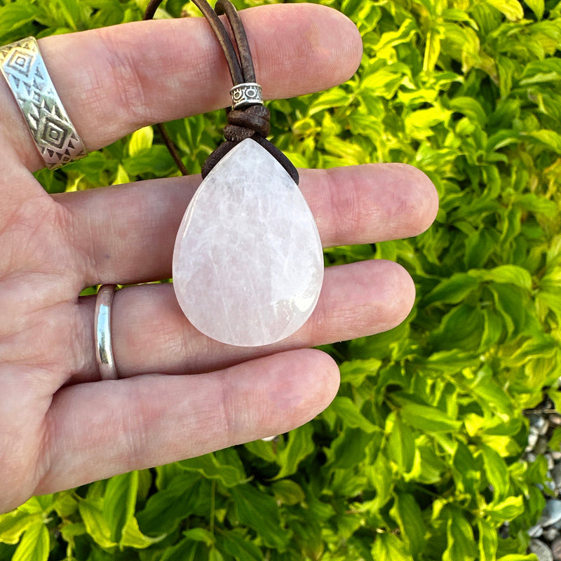 Rose Quartz Pendant Leather Necklace. Healing Crystal