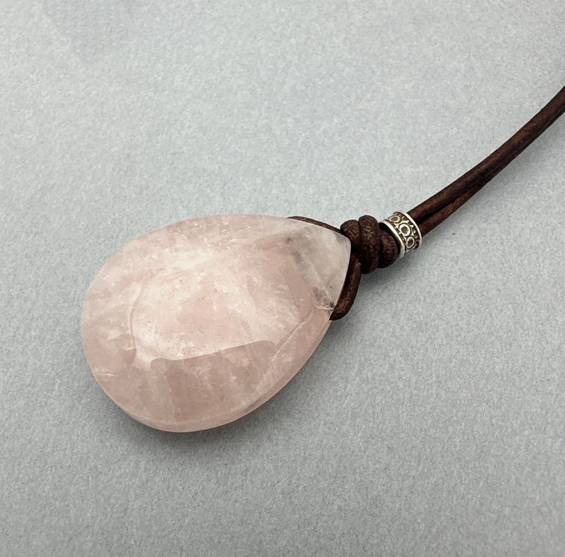 Rose Quartz Pendant Leather Necklace. Healing Crystal